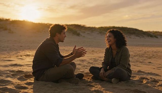 Couple sitting cross-legged on sandy beach at sunset talking and laughing during golden hour