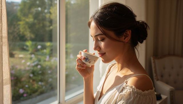 Sunlit asian woman sipping tea by window holding floral teacup in tranquil home morning