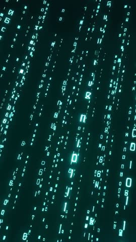 Neon Cyan Glyph Streams Cascading into Digital Data Tunnel Vertical Mobile Video
