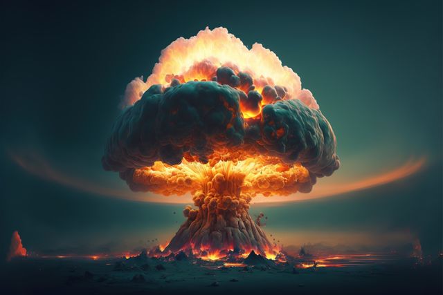 Depicting a high-intensity atomic explosion at night with a dramatic and fiery mushroom cloud. This image can be used to illustrate concepts related to nuclear energy, apocalyptic scenarios, or large-scale destruction. Ideal for use in science fiction media, educational materials on nuclear physics, disaster planning communications, and storytelling about cataclysmic events.