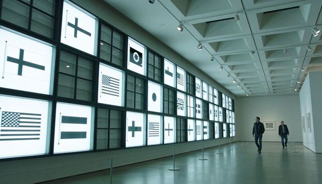 Illuminated monochrome flag panel grid in contemporary museum corridor with visitors walking