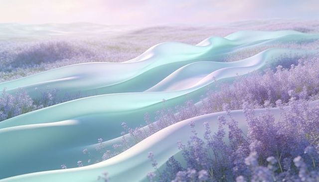Flowing mint-green sculptural ridges weaving through lavender meadow and pastel dunes