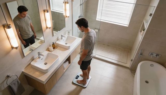 Man weighing on digital bathroom scale in modern bathroom standing morning routine