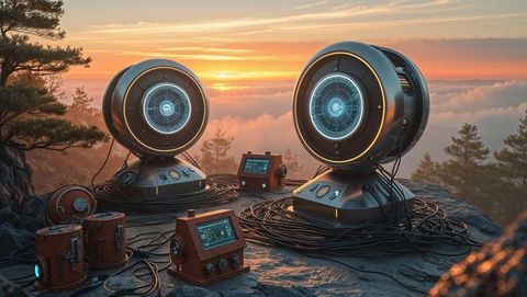 Futuristic spherical scanning devices on rocky plateau at sunset, seismograph concept