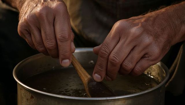 Weathered hands stirring wooden spoon in rustic pot closeup warm moody light