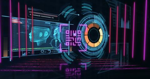 Futuristic qr code digital interface with data visualizations
