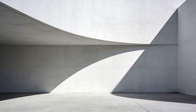 Minimal concrete courtyard with sweeping curved overhang casting bold geometric shadow