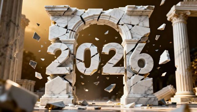 Cracked marble 2026 arch collapsing and shattering in ruined plaza with golden light