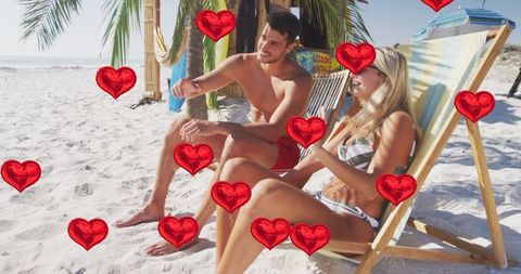 Romantic Beach Day with Couple and Heart Icons Overlay