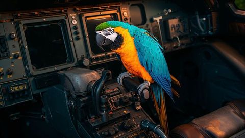 Colorful blue-and-gold macaw perching on aircraft throttle in vintage cockpit