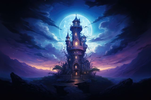 An enchanted castle glowing under moonlight surrounded by a mystical night sky. Perfect for use in fantasy novels, RPG game backgrounds, storytelling visuals, and fairytale-themed events.