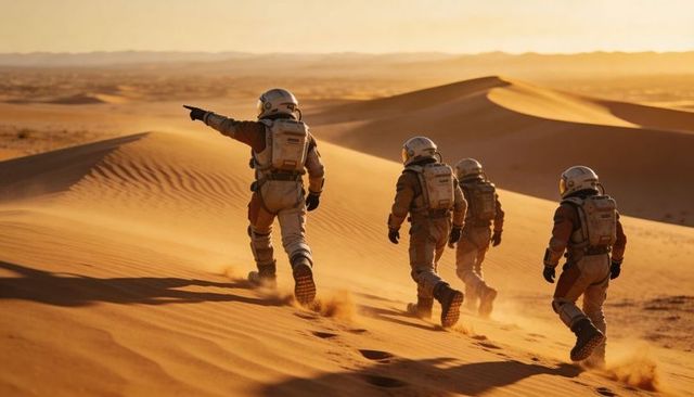 Astronauts trekking across golden sand dunes at sunset with life-support backpacks