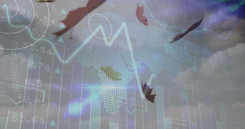 Global financial data overlapping falling leaves and sky