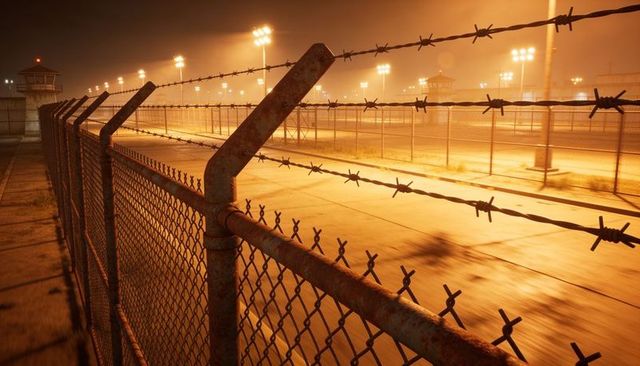 Rusted chain-link perimeter fence with barbed wire and watchtowers at night