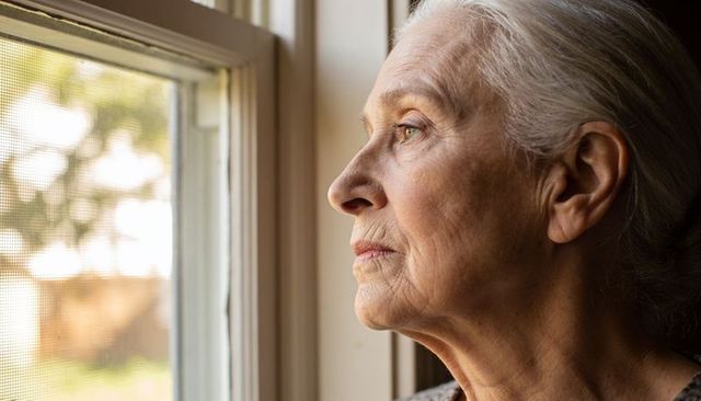 Senior woman gazing through window reflecting on memories, soft natural light profile