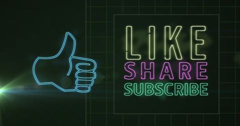 Neon Like Share Subscribe Icon with Thumbs Up Icon on Dark Background