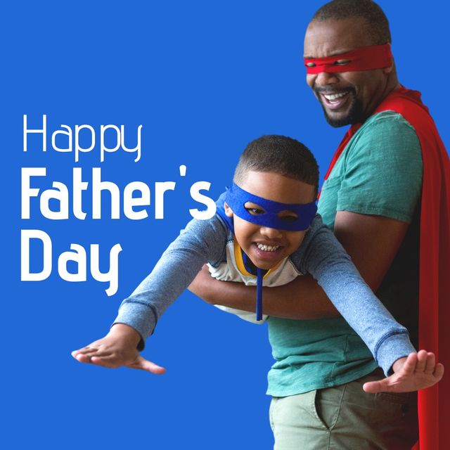 Happy father's day text by african american father and son playing together on blue background - Download Free Stock Videos Pikwizard.com