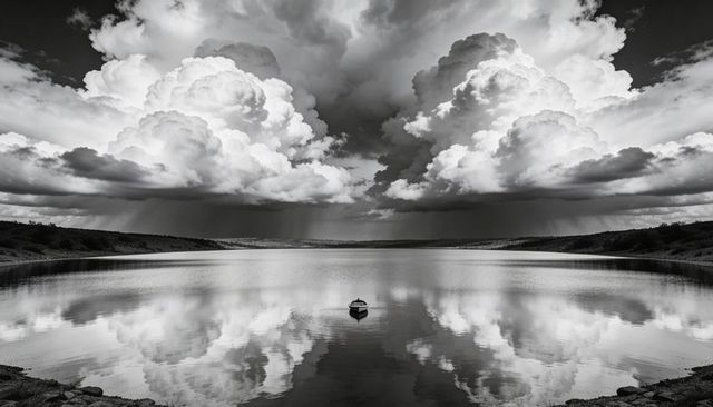 Solitary rowboat floating on glassy reservoir with towering clouds and perfect reflections