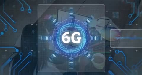 6G Technology Concept with Digital Elements Over Office Workspace