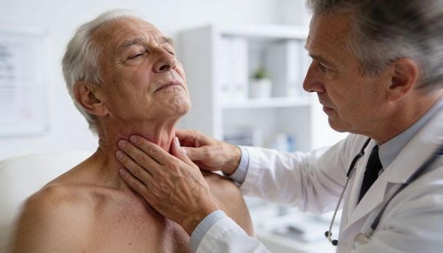 Senior man receiving neck examination by doctor palpating thyroid in medical clinic