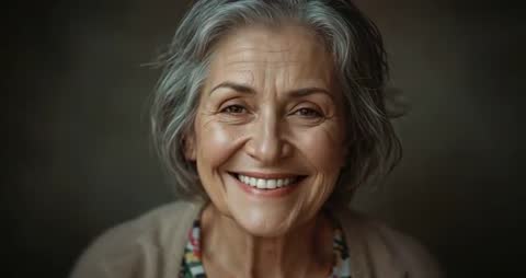 Senior Woman Transitioning from Calm to Joyful Expression Onscreen