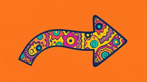 Colorful floral motif curved arrow on bright orange background