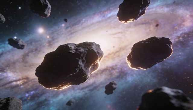 Backlit asteroid field floating near spiral galaxy core with dramatic rim lighting