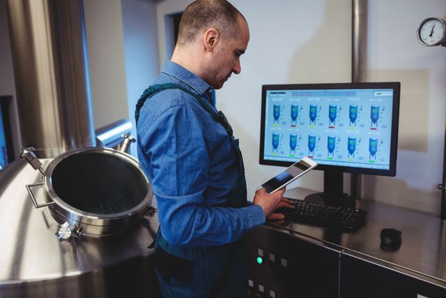 Brewery worker using digital tablet and computer to monitor brewing process. Useful for illustrating modern brewing techniques, industrial technology, and production management. Ideal for articles, blogs, and advertisements related to brewing, manufacturing, and industrial automation.