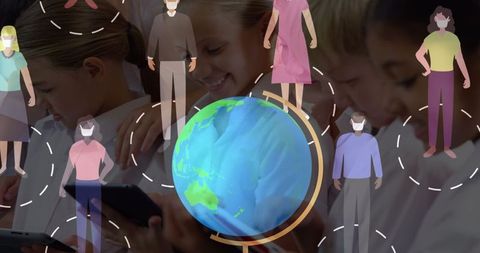 Global education masked figures with digital technology
