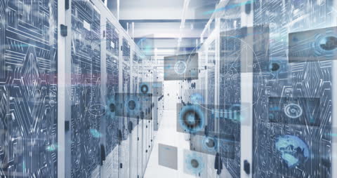 Futuristic Data Center with Digital Interfaces and Holographic Displays