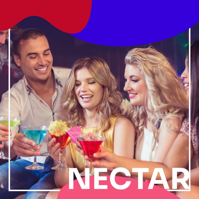 Group of diverse friends sitting together, holding colorful cocktails and laughing. Ideal for advertisements related to nightlife, bar promotions, party invitations, drinking-themed events, and social gatherings.