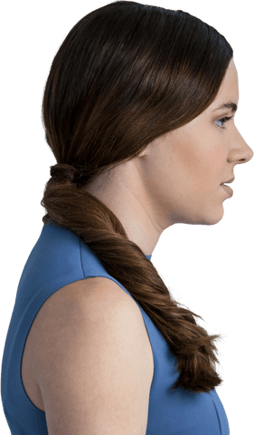 Transparent profile view of thoughtful woman with neat hairstyle