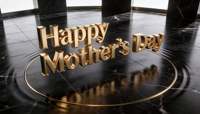 Floating gold happy mother's day lettering casting reflection on black marble floor