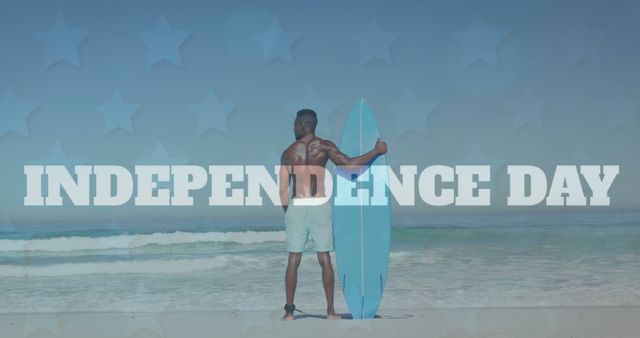 Man on Beach with Surfboard Celebrating Independence Day - Download Free Stock Images Pikwizard.com