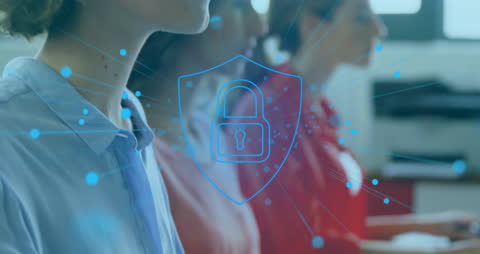 Digital Security Icon Overlaying Diverse Businesspeople in Office Environment