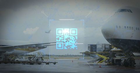 Digital QR Code Overlaid on Aircraft Scene at Airport