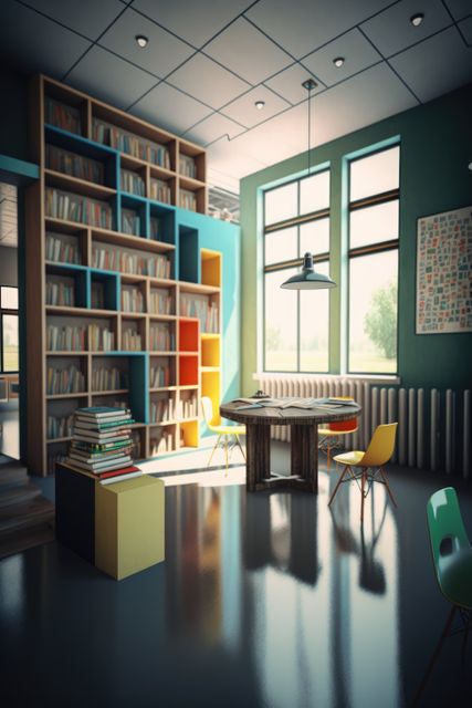 Interior of library with bookcases, table, chairs and windows created using generative ai technology. Library, reading and design concept digitally generated image.