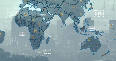 World Map Overlay with Data Highlights Against Cityscape - Download Free Stock Images Pikwizard.com