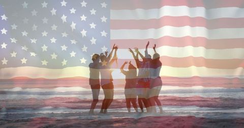 Diverse Friends Celebrating on Beach with USA Flag Overlay