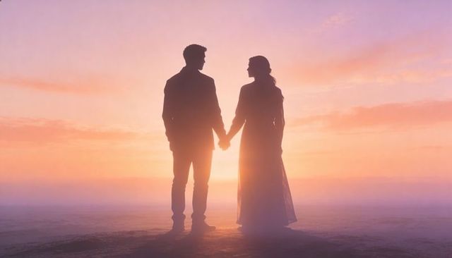 Silhouetted couple holding hands at romantic sunset halo over hazy horizon