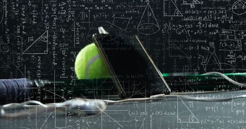 Smartphone with mathematical concepts and tennis equipment