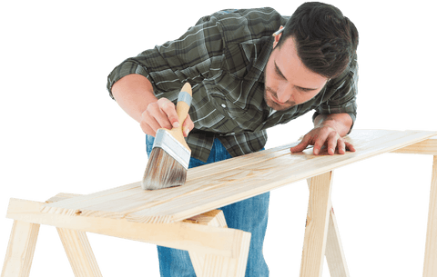 Construction worker varnishing wooden plank on transparent background