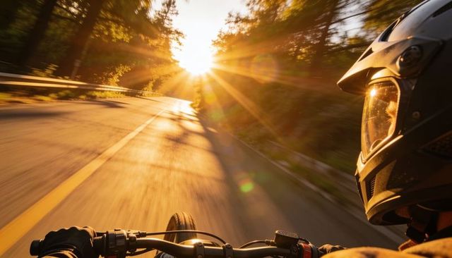 Sunlit helmeted motorcyclist riding winding forest road at golden hour, motion blur