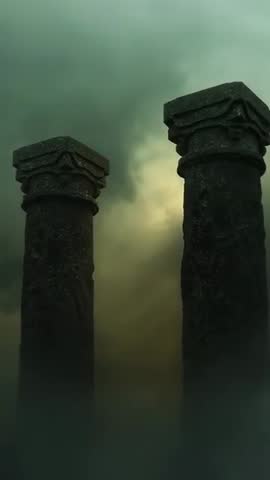 Vertical video showing pulsing green clouds glowing between weathered stone pillars in fog