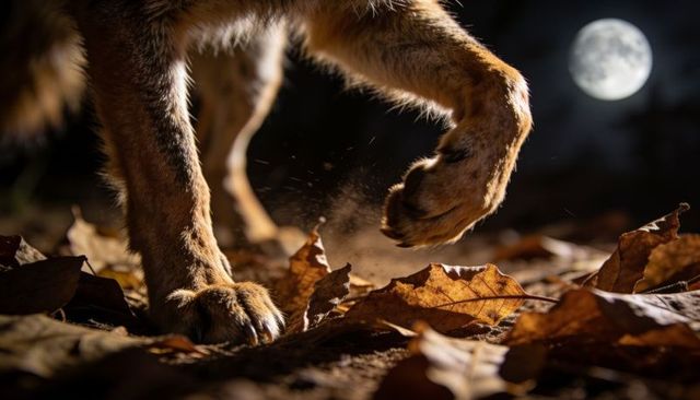 Nocturnal canine walking through autumn leaves under glowing full moon