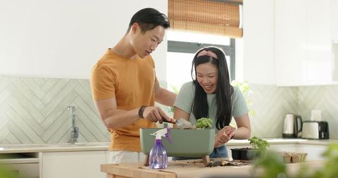 Asian couple potting herb seedlings in bright modern kitchen island, joyful home gardening