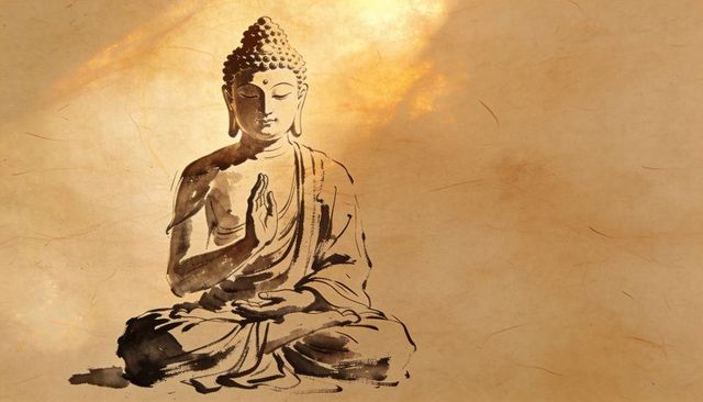 Meditating buddha ink wash on aged parchment with warm golden light, minimalist zen art