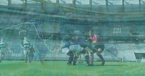 Rugby Players in Stadium with Futuristic Data Overlay