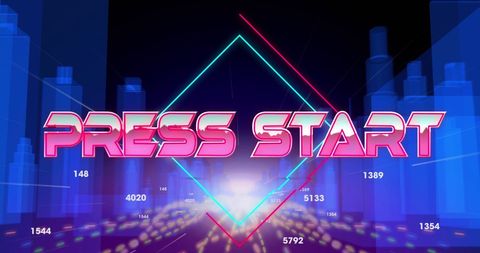 Futuristic press start banner over neon cityscape