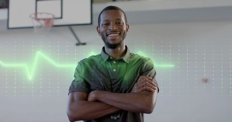 Smiling Coach with Digital Data Overlay on Basketball Court